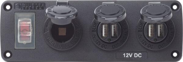 Blue Sea Water-Resistant 12V 15A Circuit Accessory Panel 12v Socket and Dual USB x 2